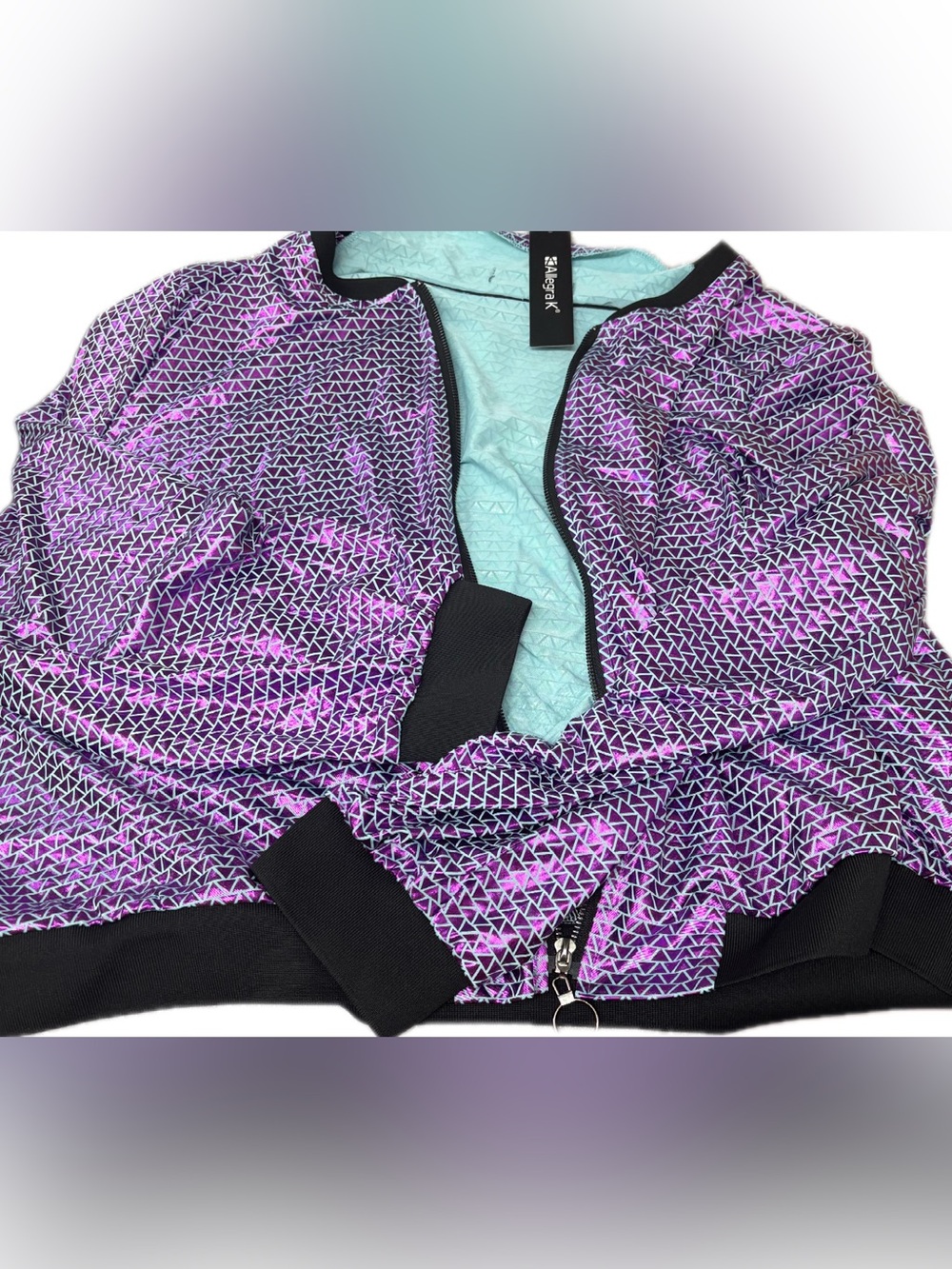 Allegra k Purple Geometric Bomber Jacket with light blue mint  Lining
